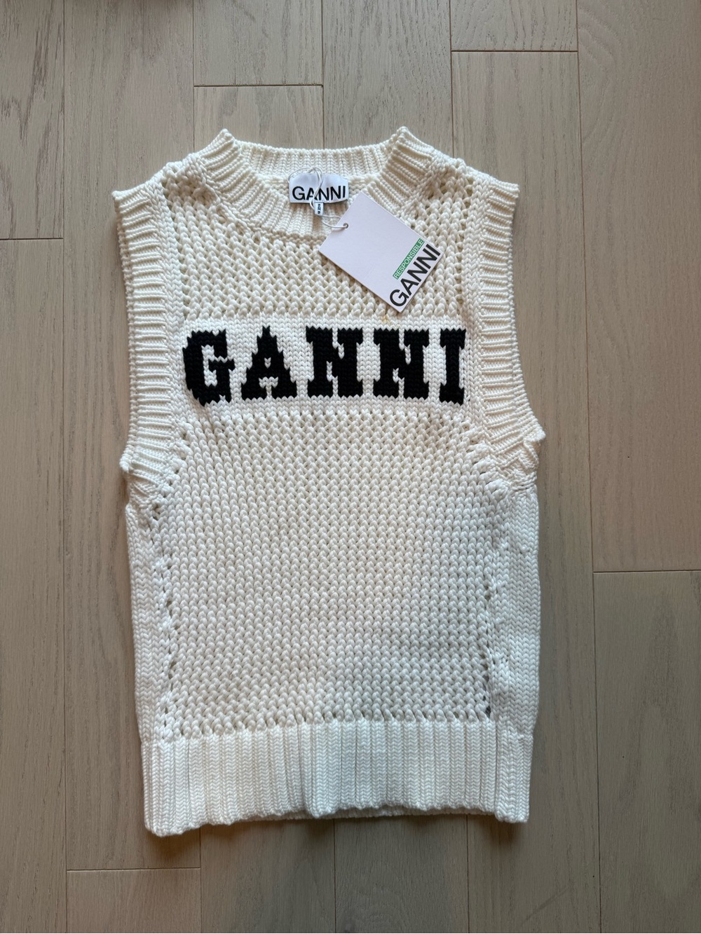 GANNI Cream Knit Crewneck Sleeveless Sweater with Black Logo